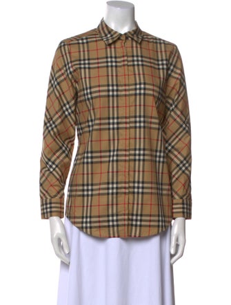 Burberry Plaid Print Long Sleeve Button-Up Top