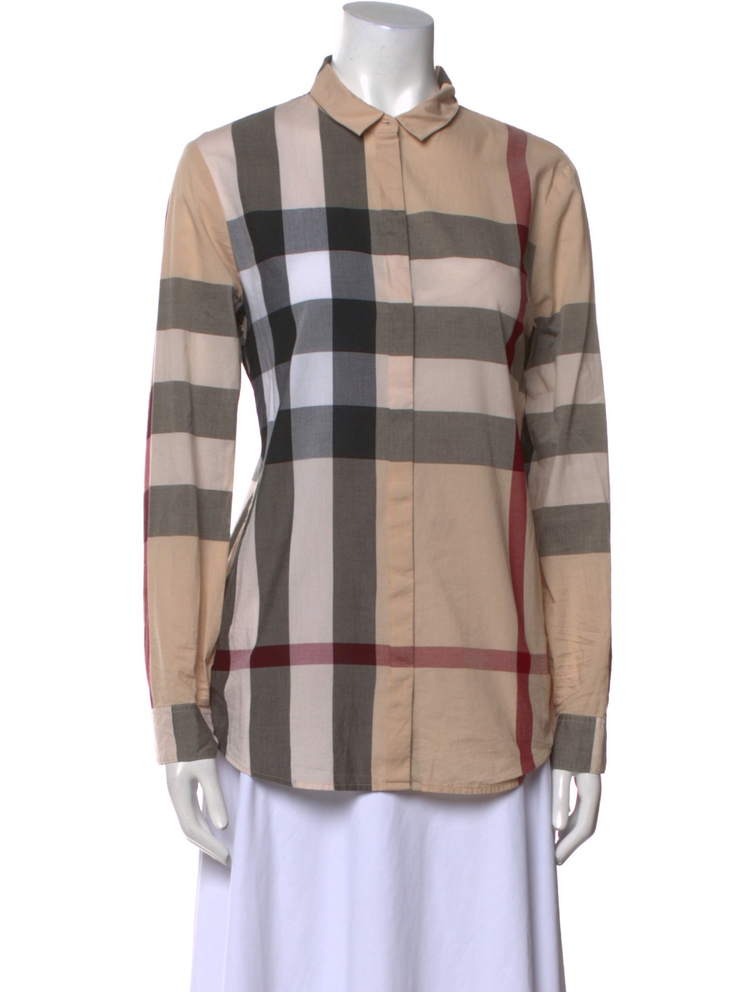 Burberry Plaid Print Long Sleeve Button-Up Top