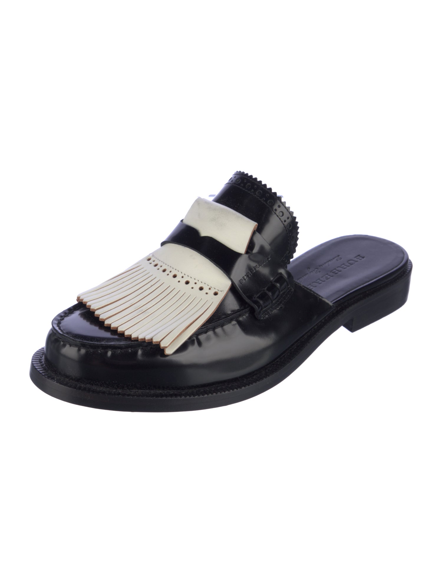 Burberry Leather Fringe Trim Accent Mules