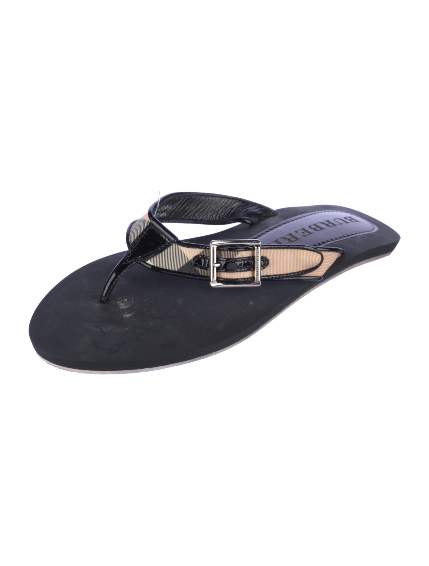 Burberry Nova Check Pattern Patent Leather Flip Flops