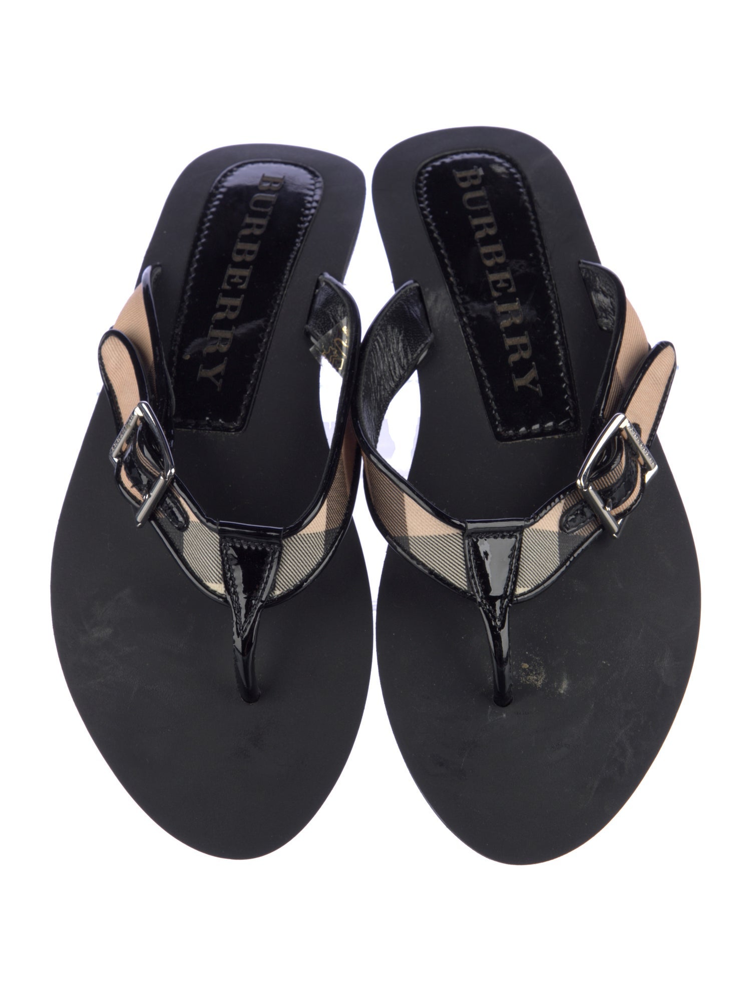 Burberry Nova Check Pattern Patent Leather Flip Flops