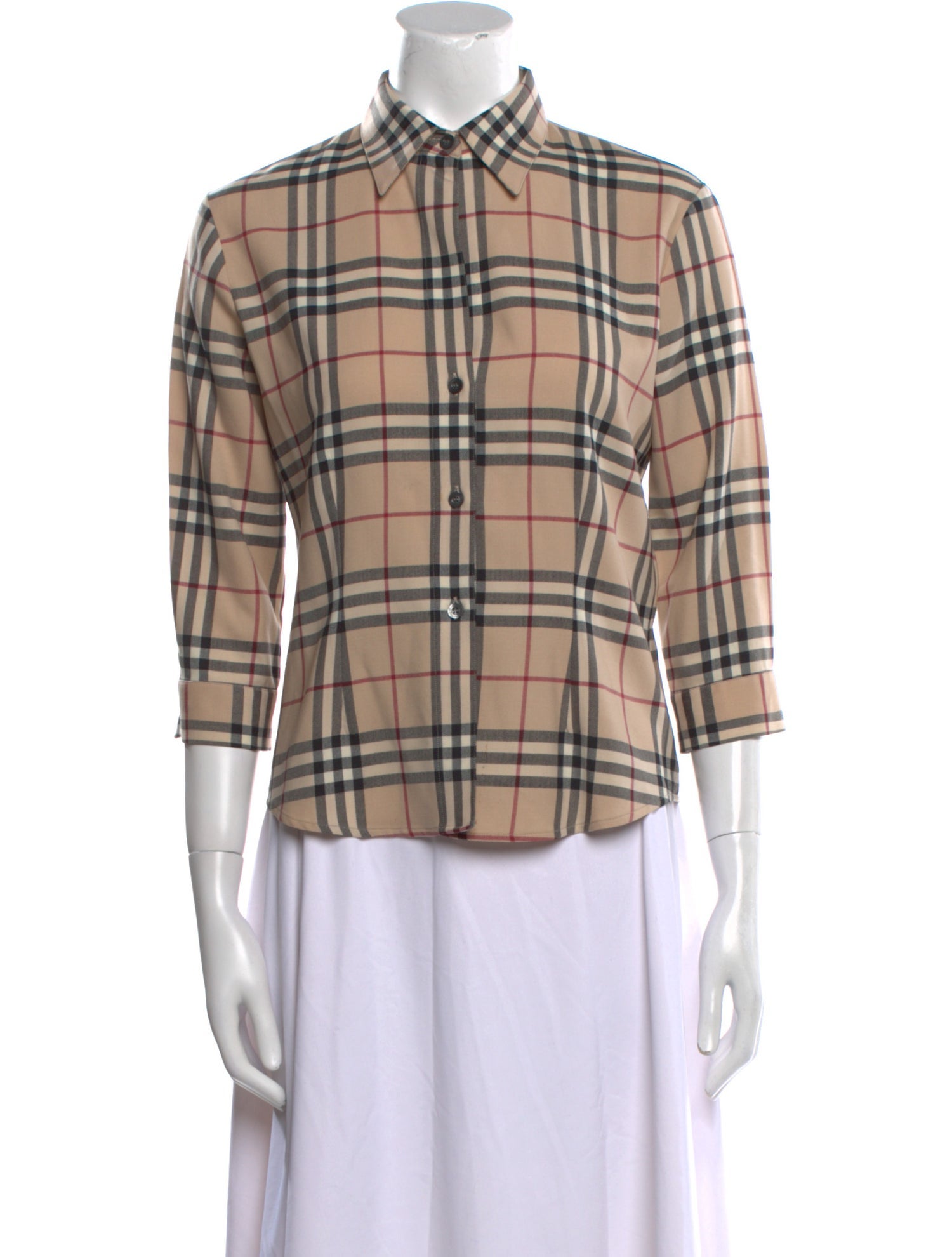 Burberry London Wool Plaid Print Button-Up Top