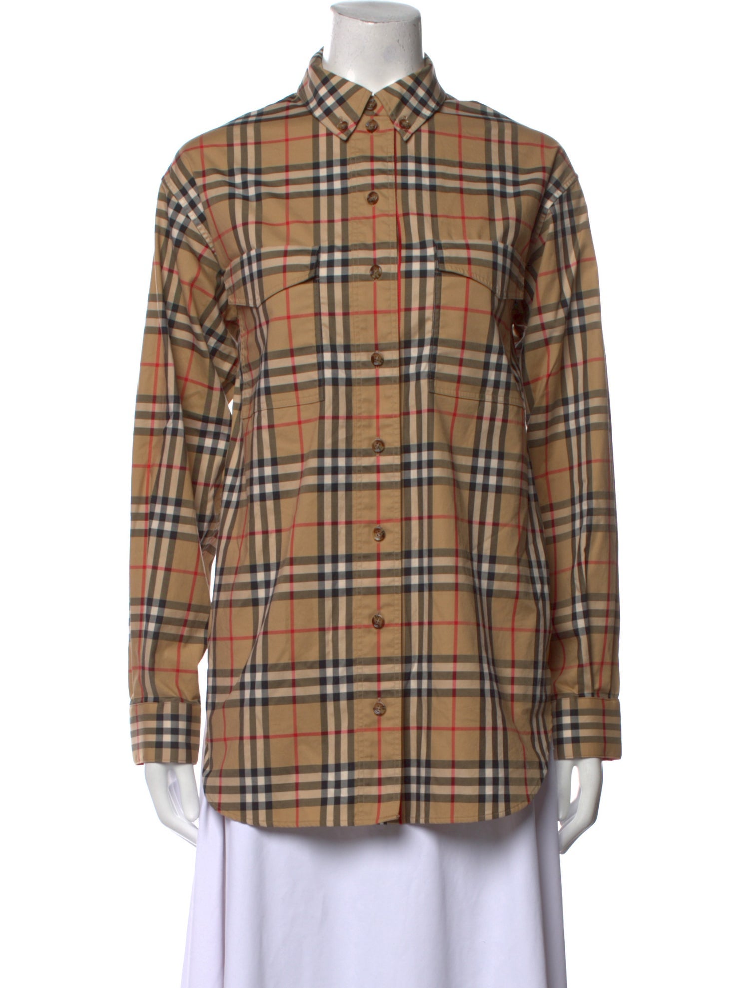 Burberry Plaid Print Long Sleeve Button-Up Top