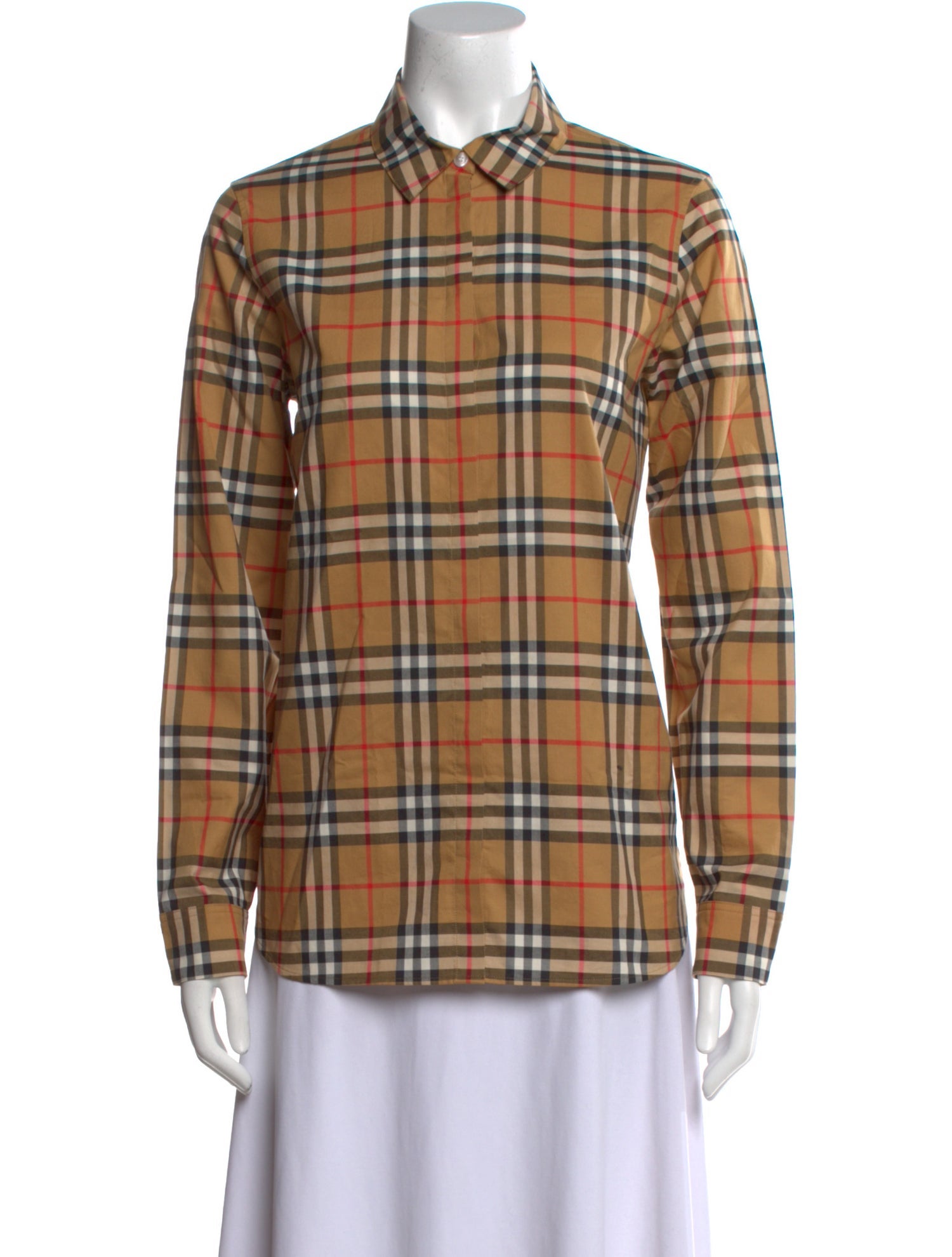Burberry Plaid Print Long Sleeve Button-Up Top