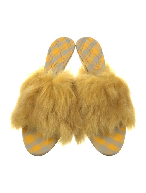 Burberry Fur Leather Trim Embellishment Slides