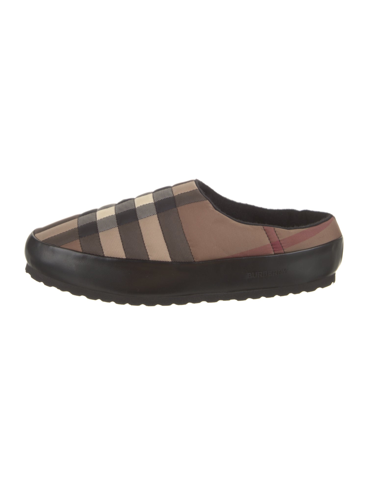 Burberry Leather Plaid Print Slippers