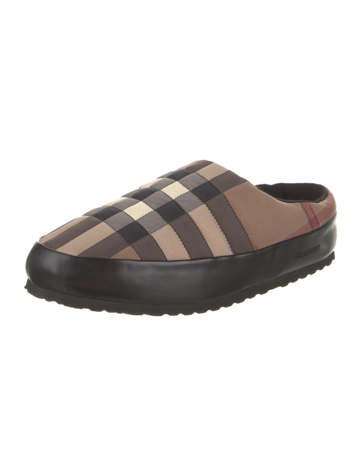 Burberry Leather Plaid Print Slippers