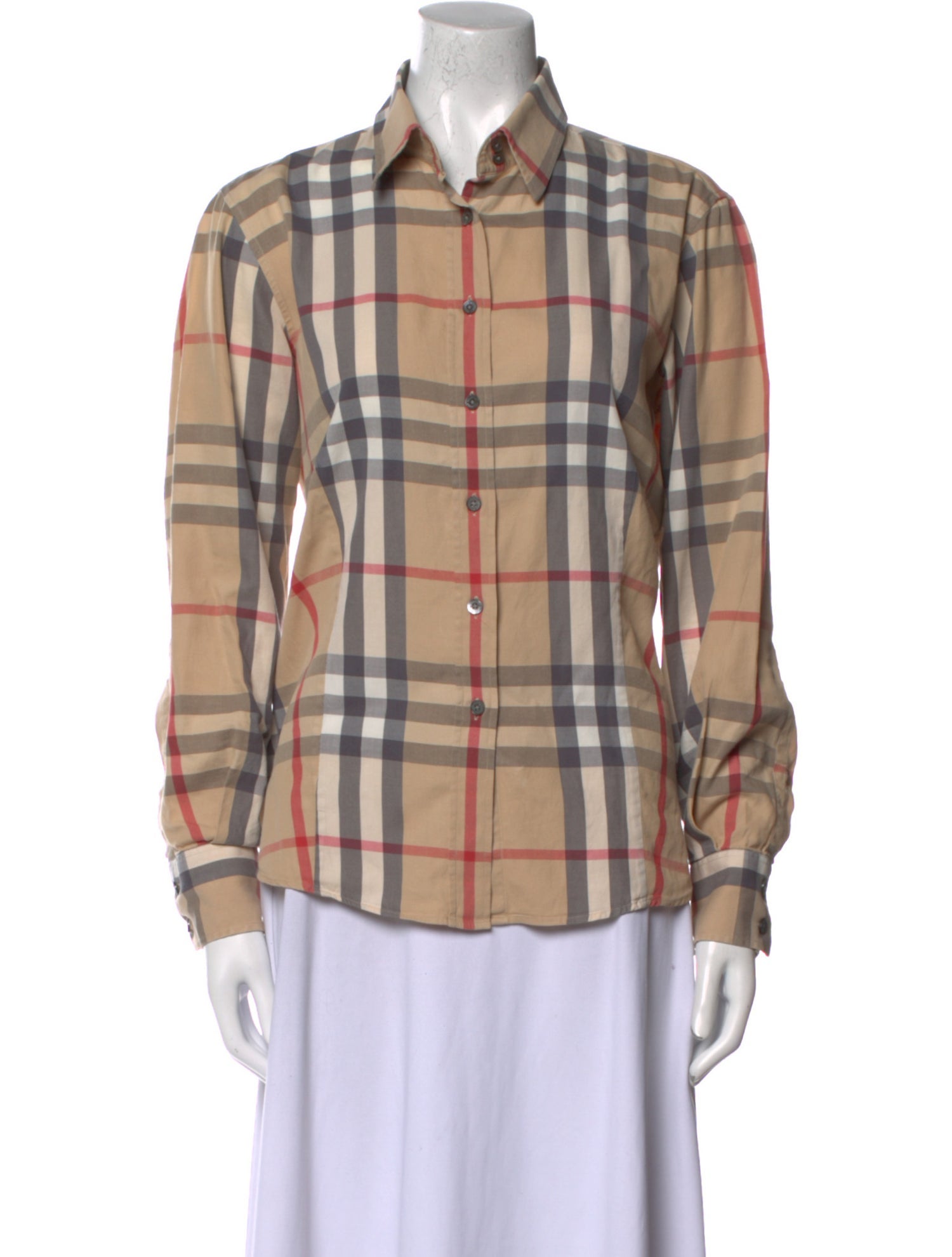 Burberry Plaid Print Long Sleeve Button-Up Top