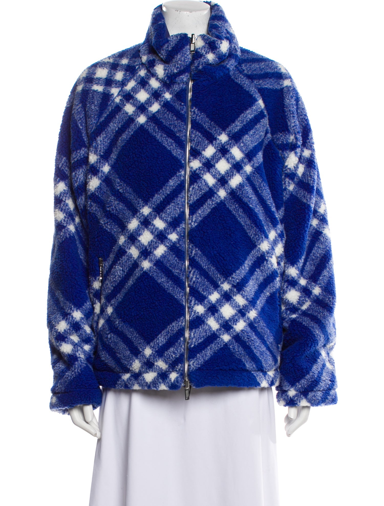Burberry Wool Plaid Print Faux Fur Jacket