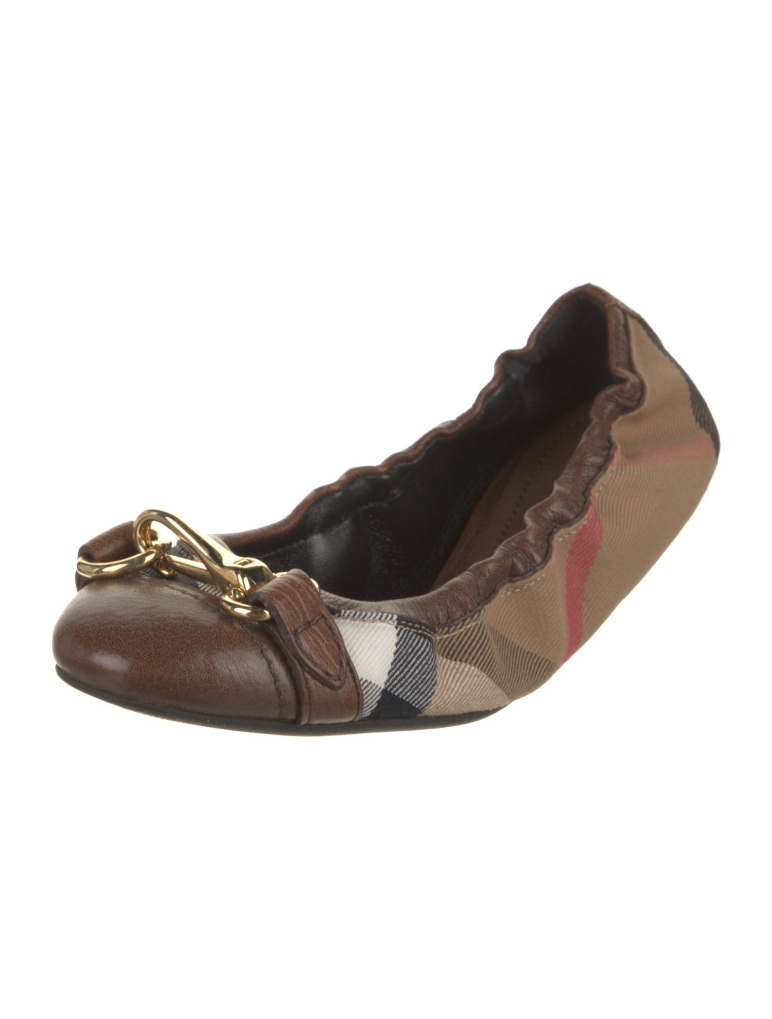 Burberry House Check Pattern Leather Trim Embellishment Ballet Flats