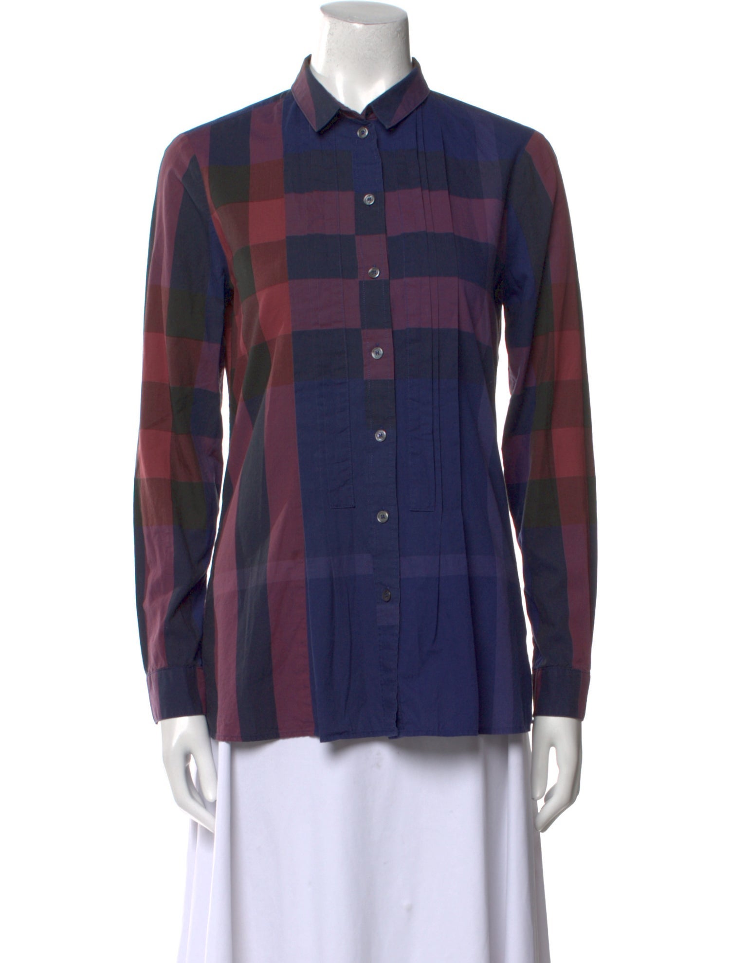 Burberry Plaid Print Long Sleeve Button-Up Top
