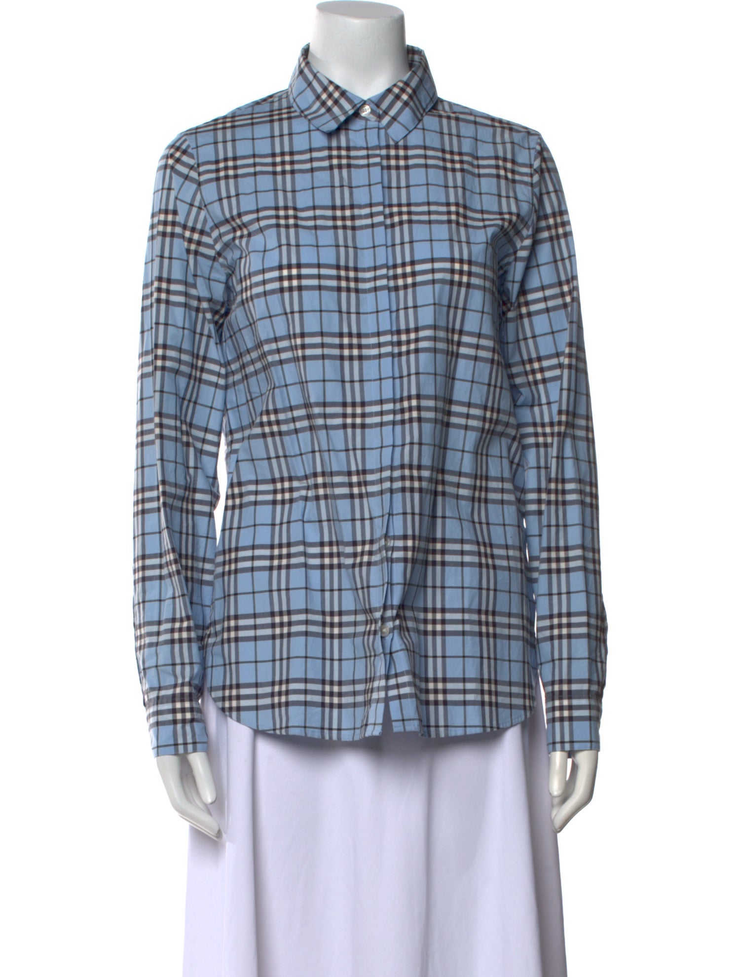 Burberry Plaid Print Long Sleeve Button-Up Top