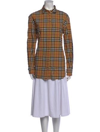 Burberry Plaid Print Mock Neck Button-Up Top