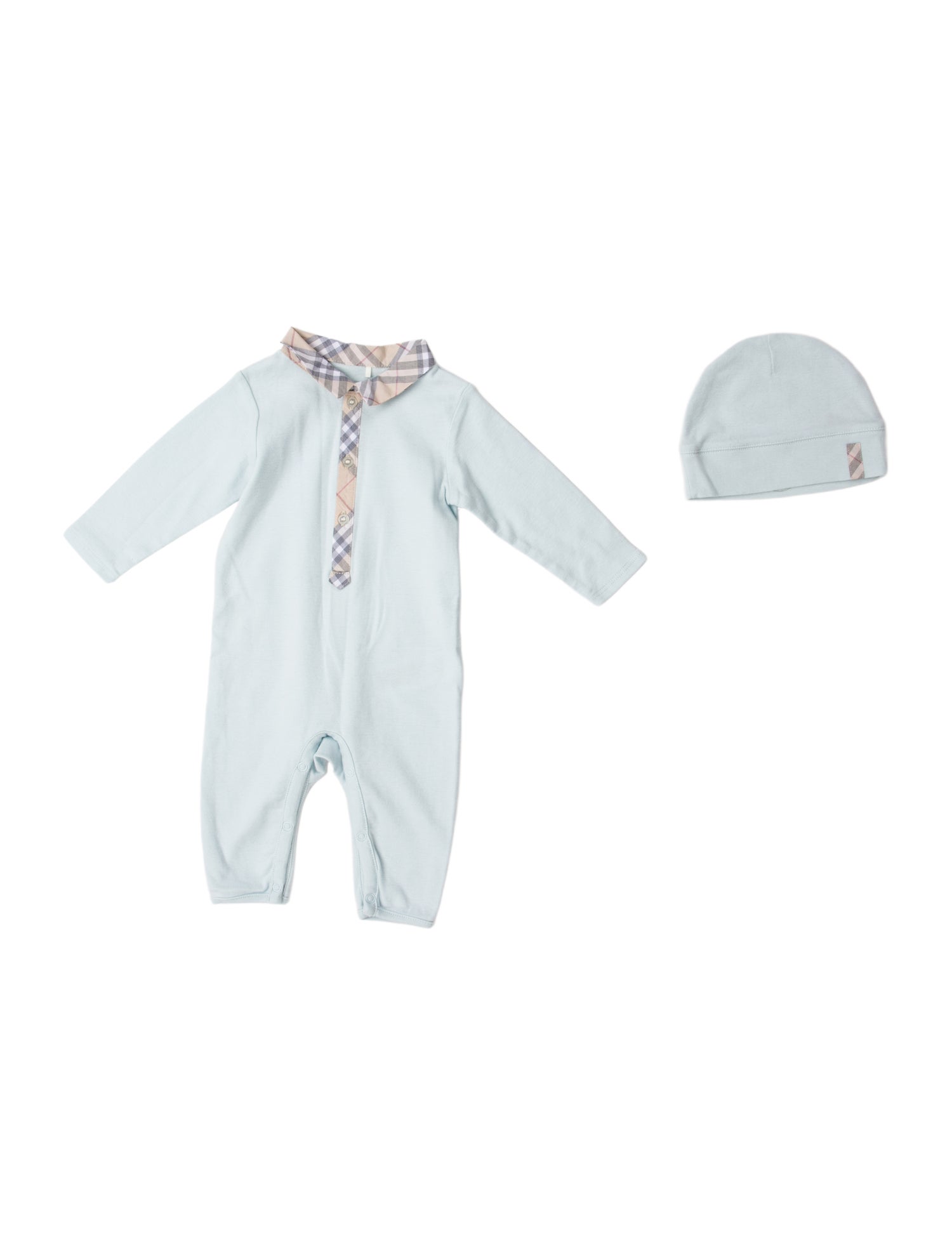 Burberry Kids Cotton Button-Up Onesie w/ Matching Beanie