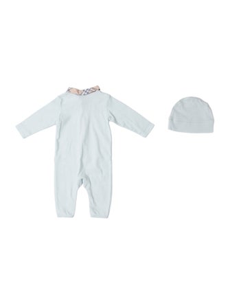 Burberry Kids Cotton Button-Up Onesie w/ Matching Beanie