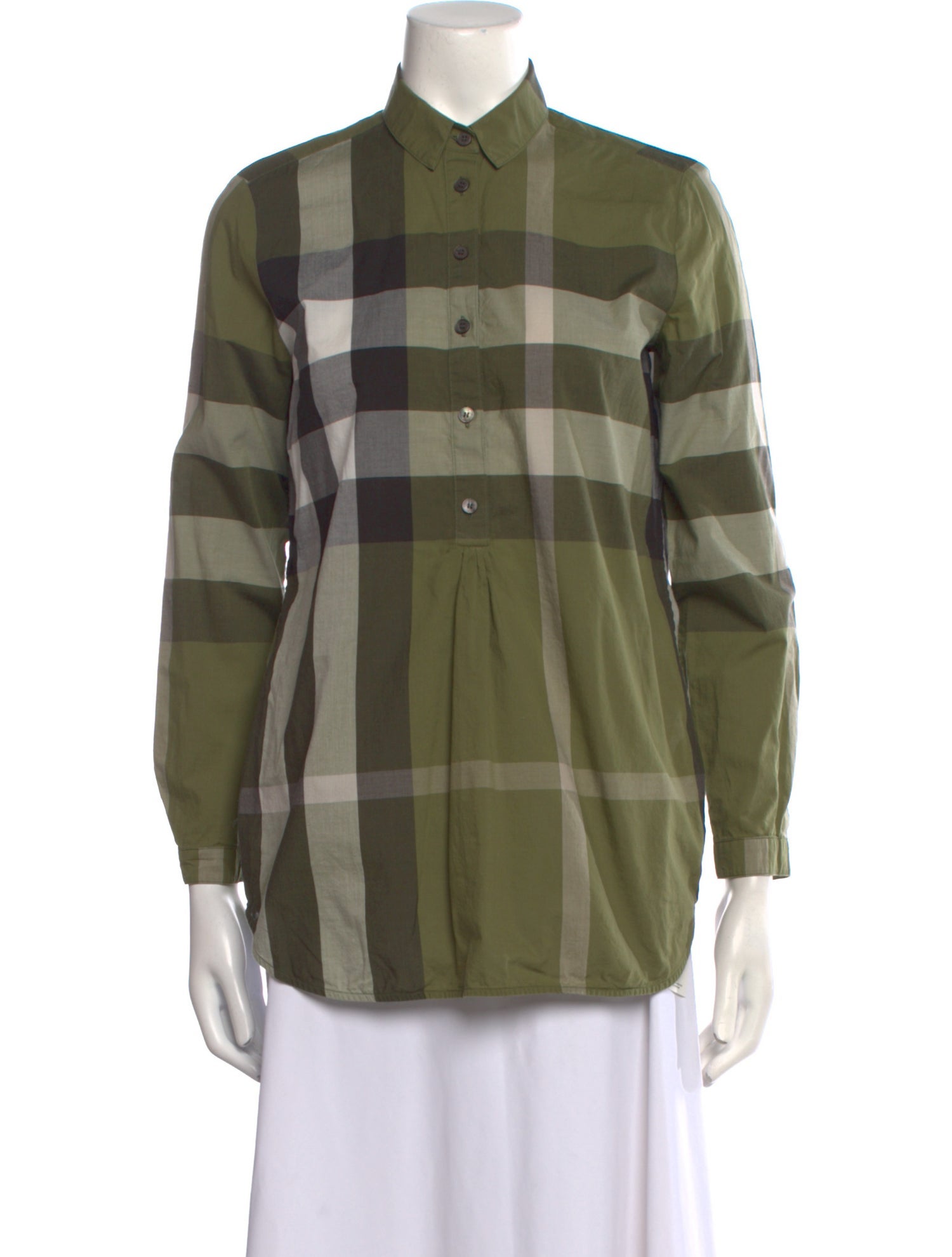 Burberry Plaid Print Three-Quarter Sleeve Button-Up Top