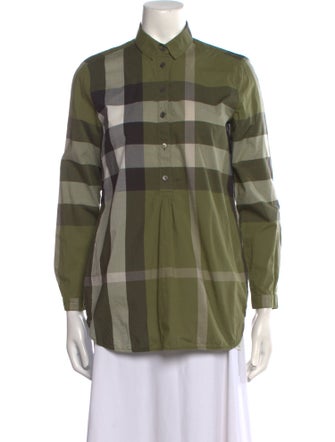 Burberry Plaid Print Three-Quarter Sleeve Button-Up Top