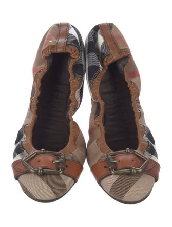 Burberry Nova Check Pattern Leather Trim Embellishment Ballet Flats
