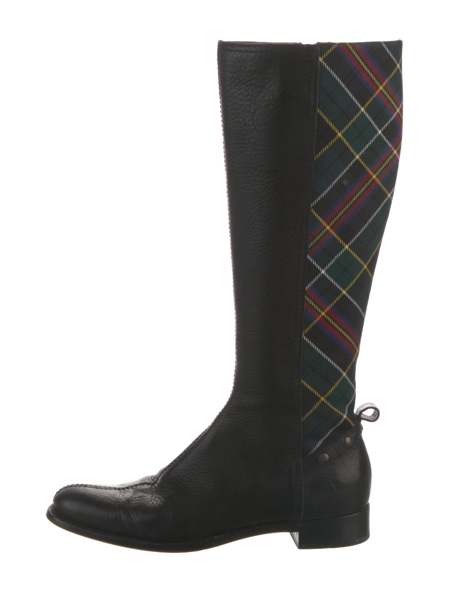 Burberry Leather Plaid Print Riding Boots