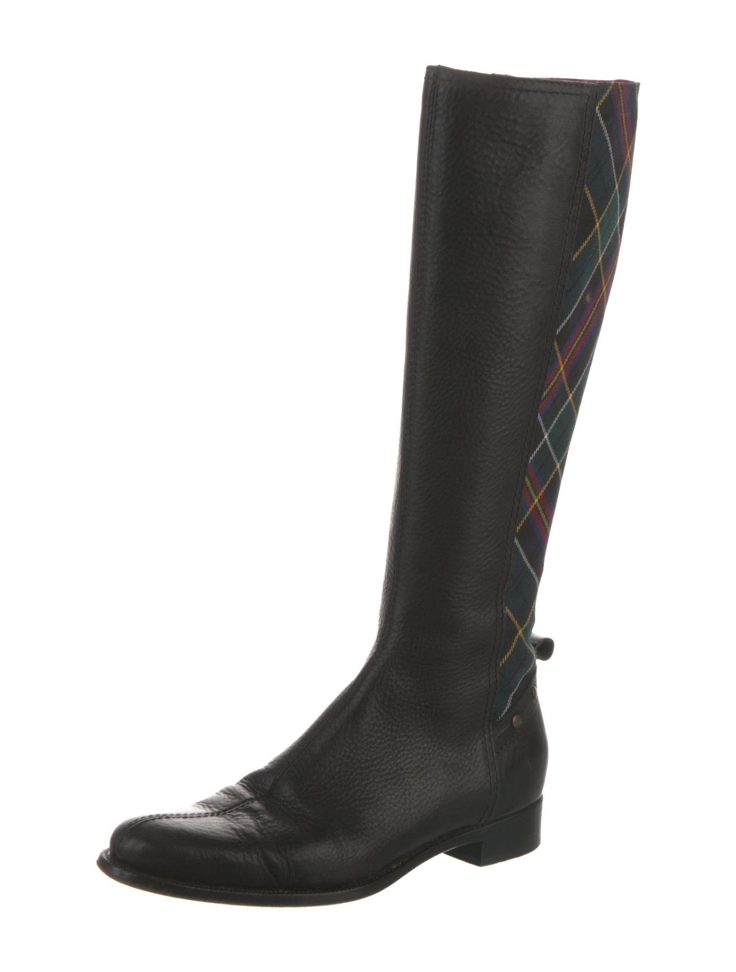 Burberry Leather Plaid Print Riding Boots