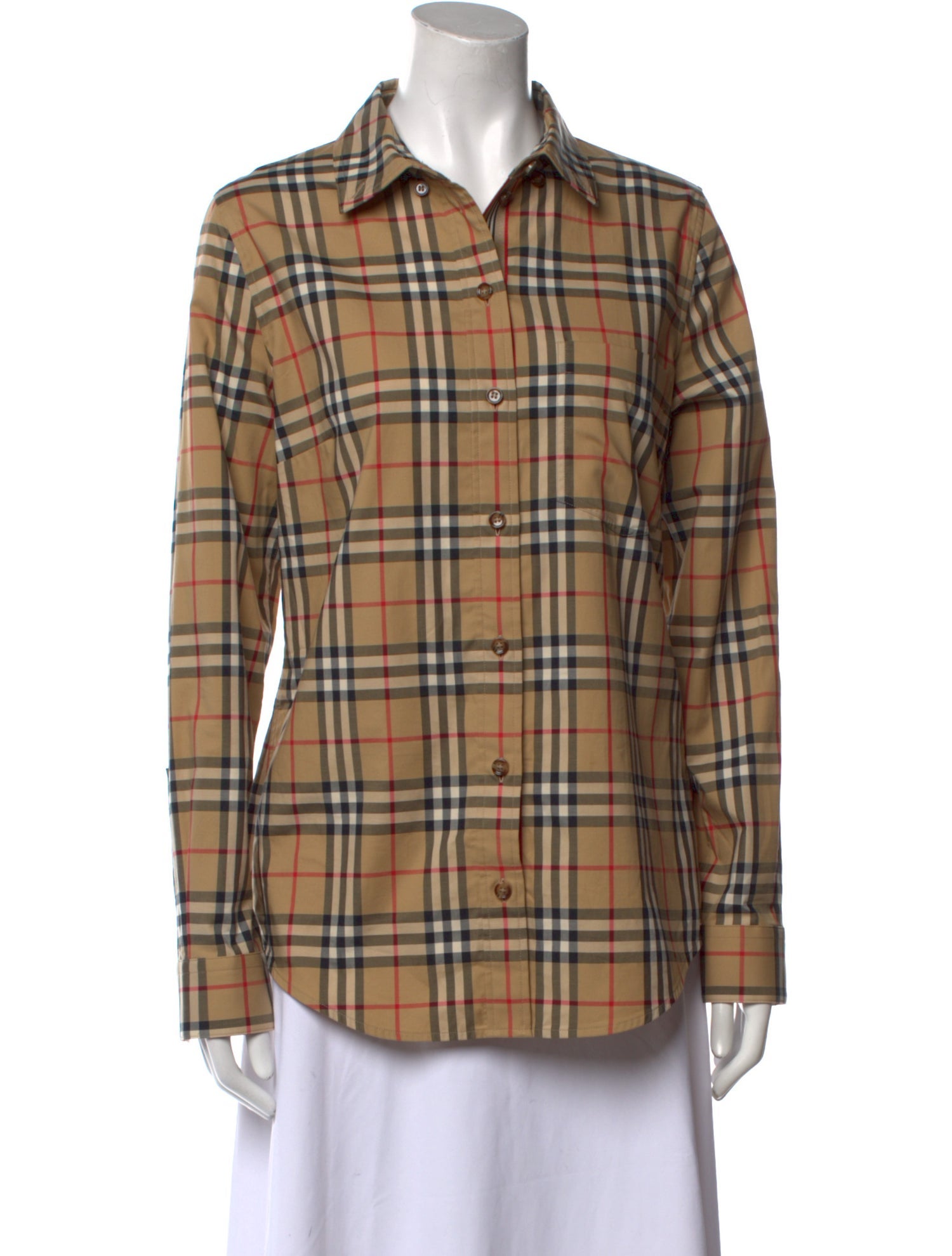 Burberry Plaid Print Long Sleeve Button-Up Top