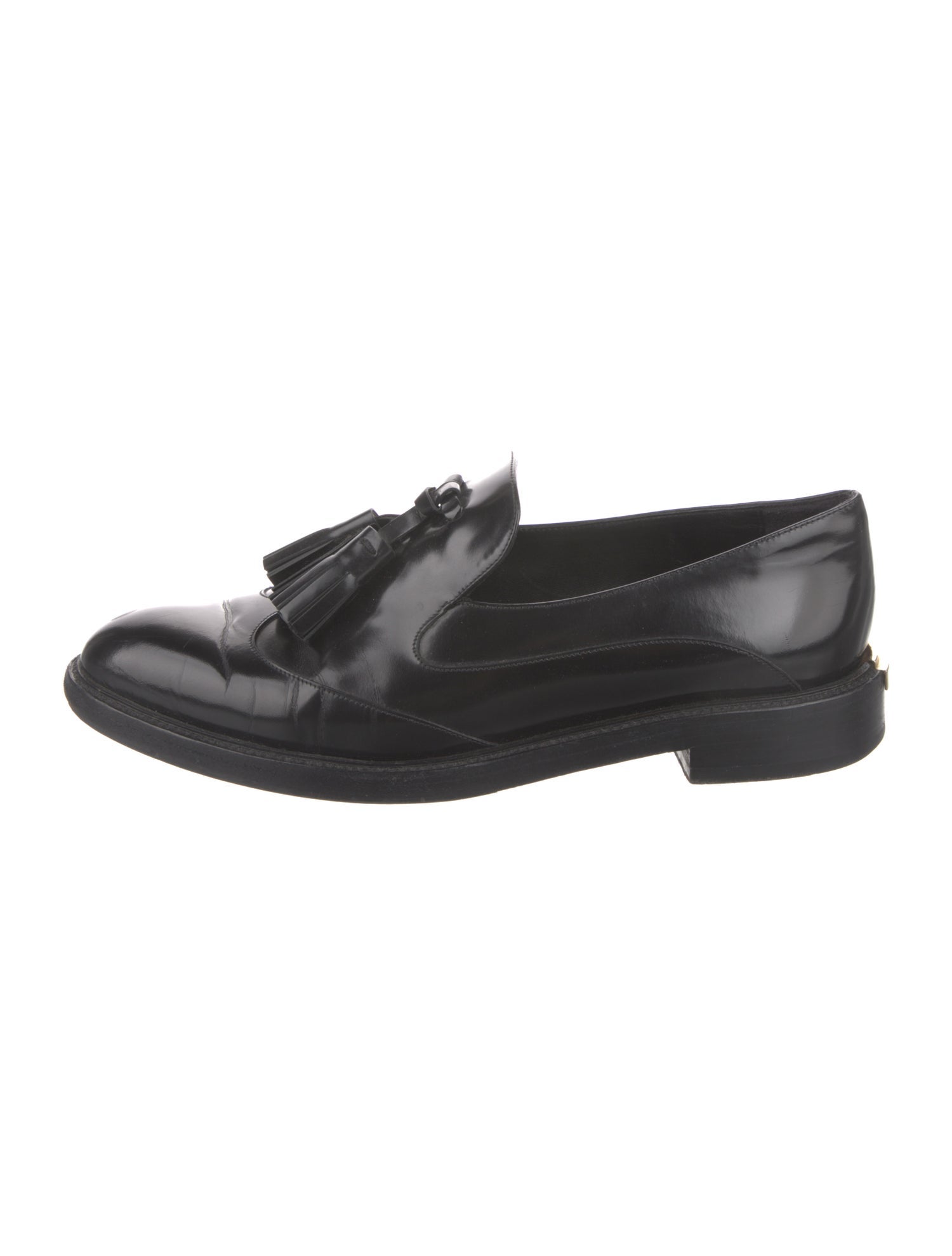 Burberry Patent Leather Tassel Accents Loafers