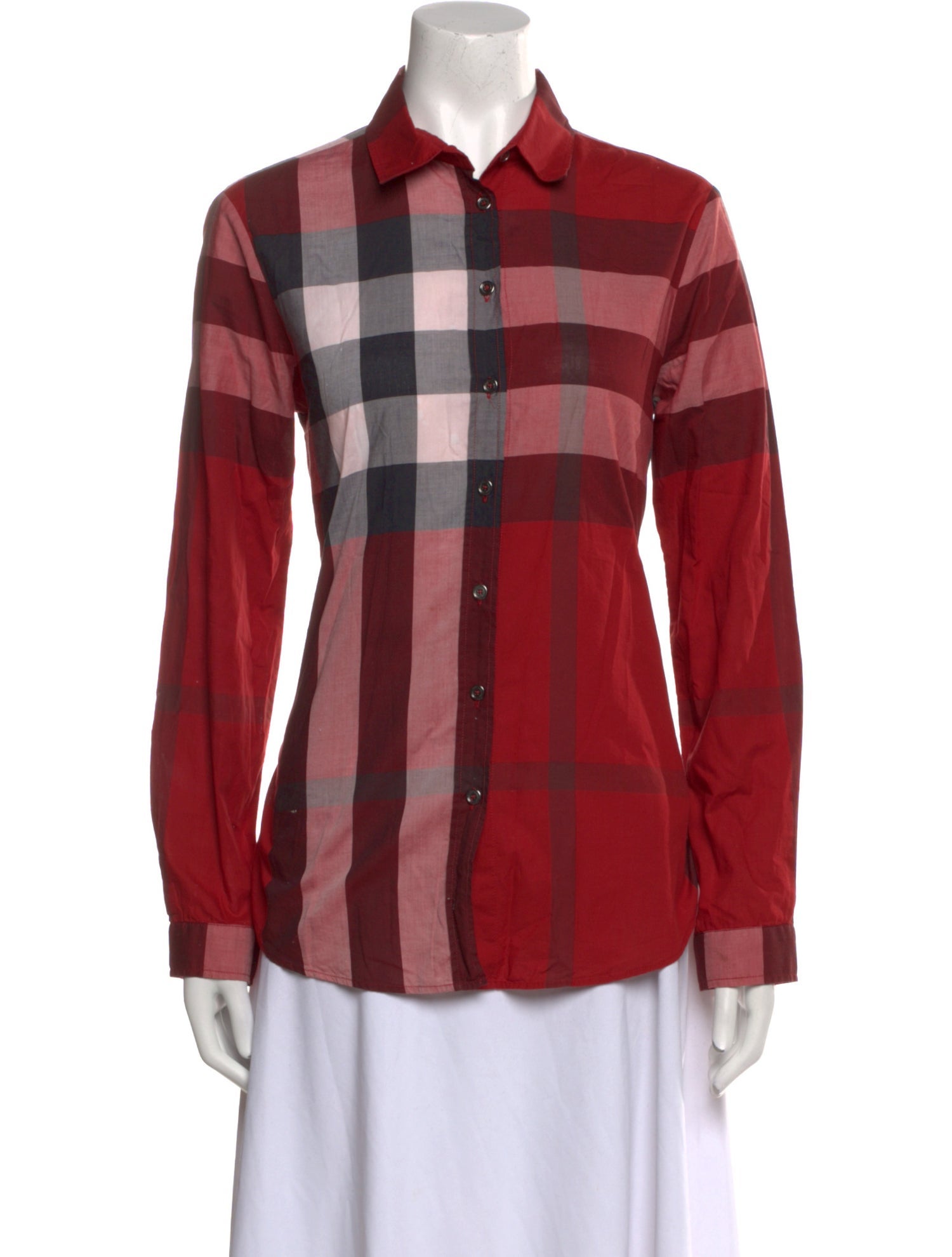 Burberry Plaid Print Long Sleeve Button-Up Top