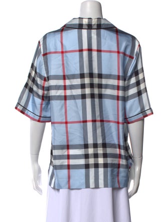 Burberry Plaid Print Three-Quarter Sleeve Button-Up Top