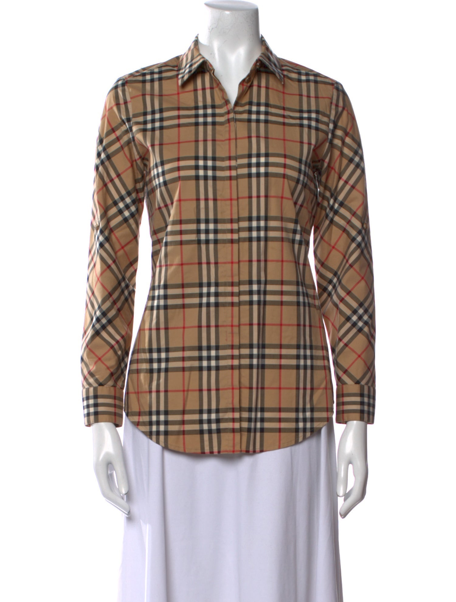 Burberry Plaid Print Long Sleeve Button-Up Top