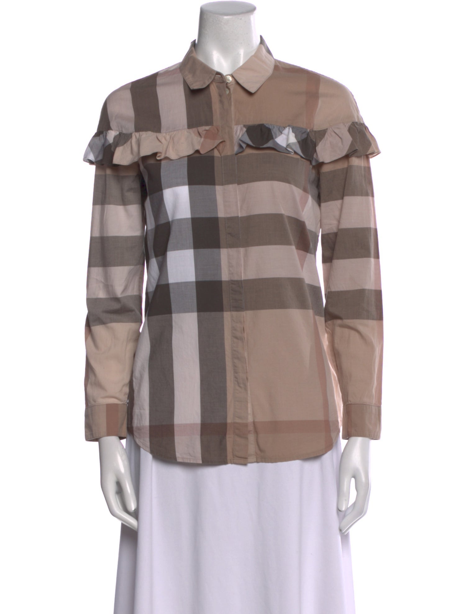 Burberry Plaid Print Long Sleeve Button-Up Top
