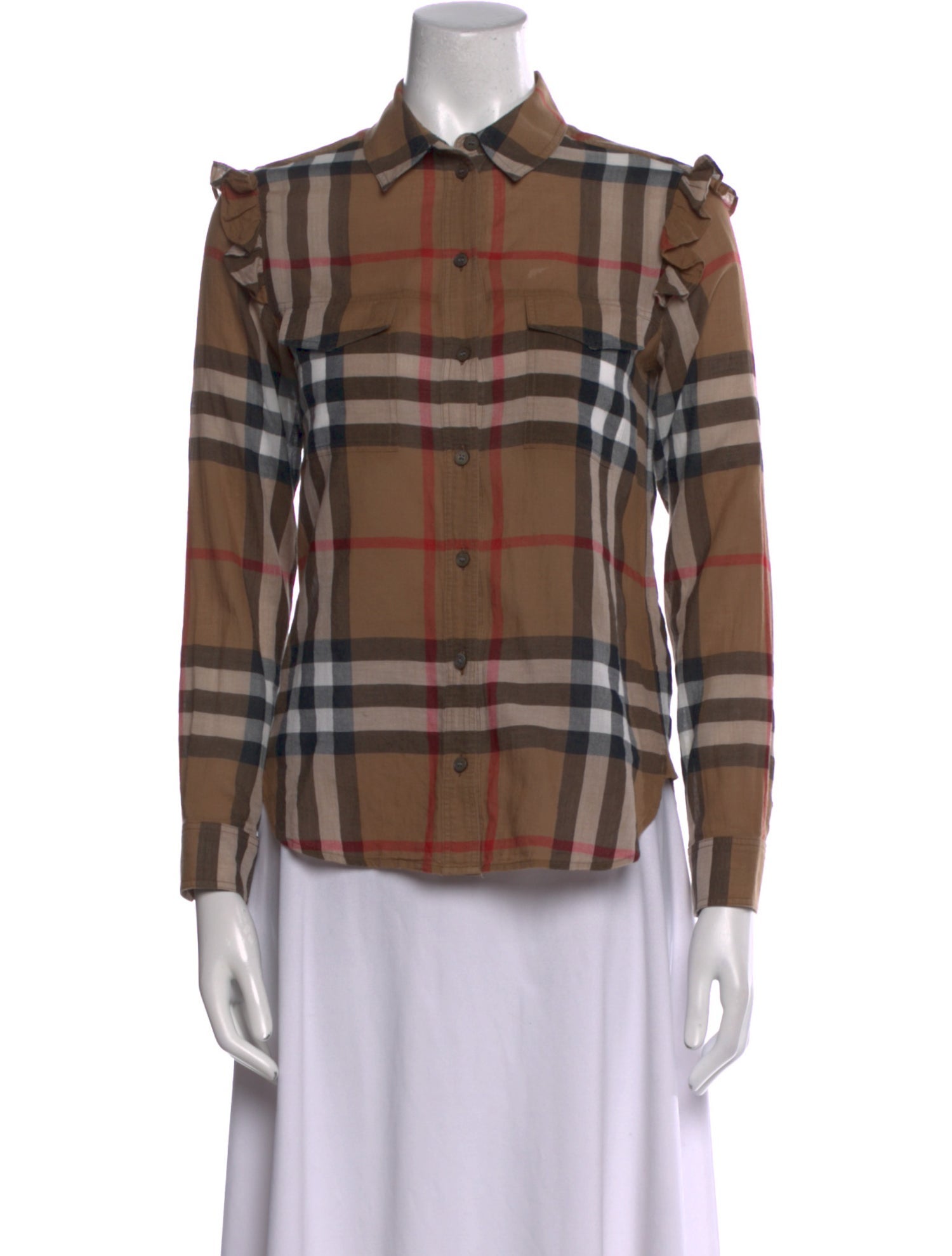 Burberry Plaid Print Long Sleeve Button-Up Top