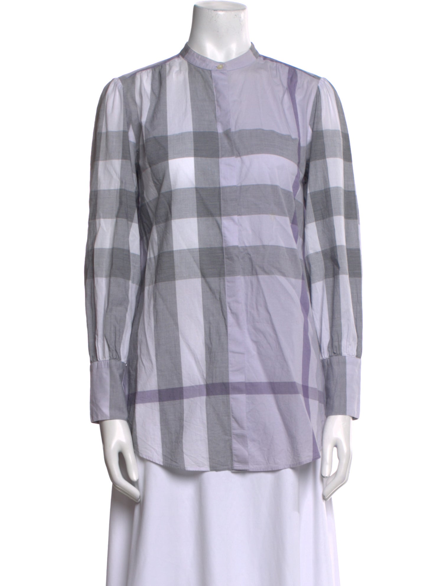 Burberry Plaid Print Mock Neck Button-Up Top