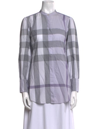 Burberry Plaid Print Mock Neck Button-Up Top
