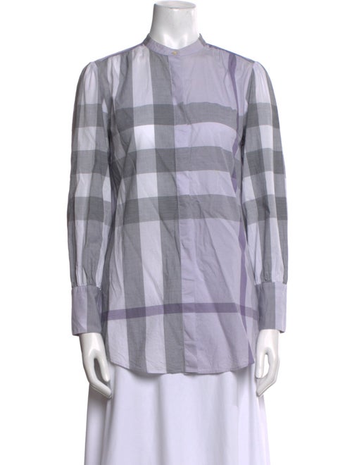Burberry Plaid Print Mock Neck Button-Up Top
