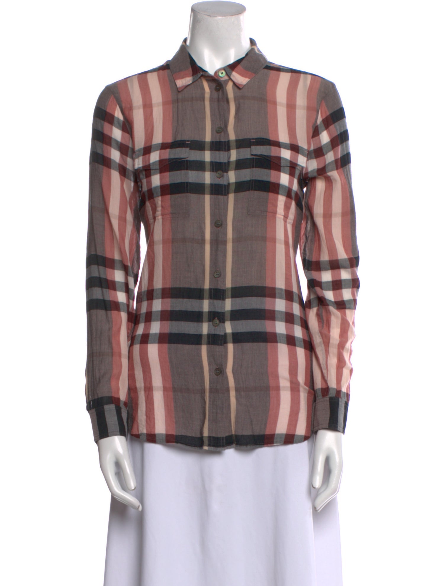Burberry Plaid Print Long Sleeve Button-Up Top
