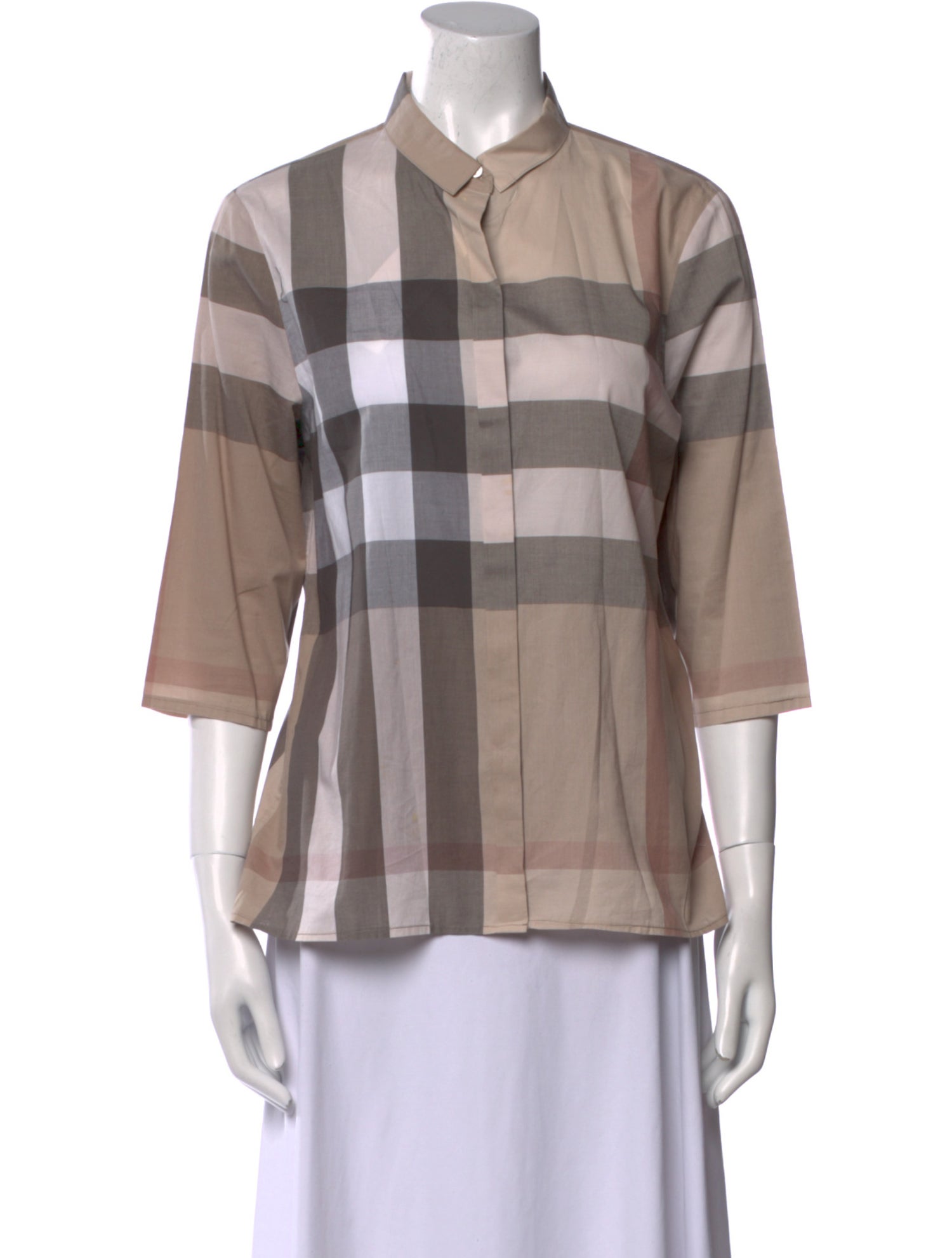 Burberry Brit Plaid Print Three-Quarter Sleeve Button-Up Top