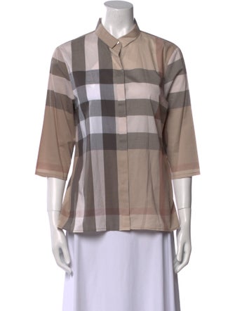 Burberry Brit Plaid Print Three-Quarter Sleeve Button-Up Top