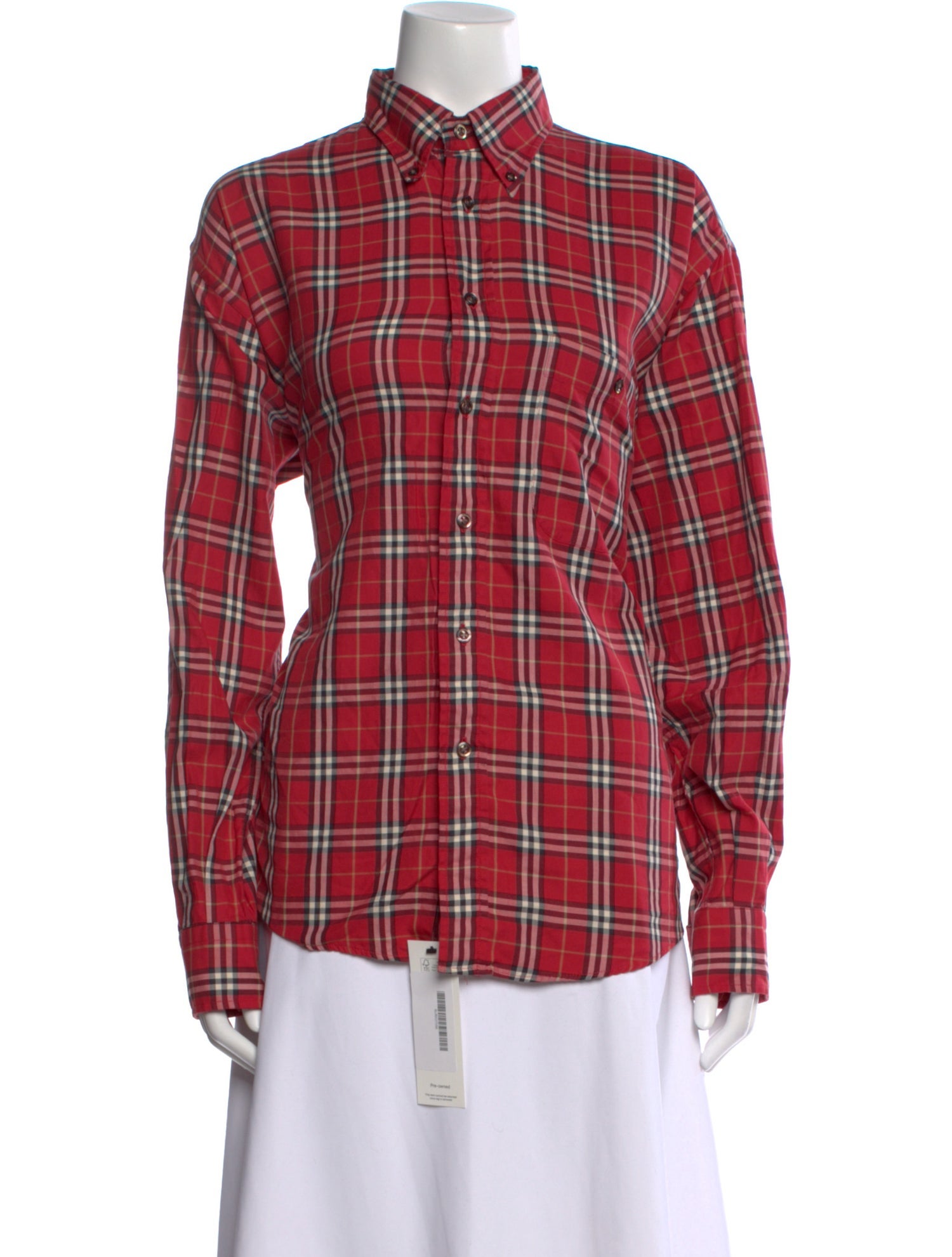 Burberry Plaid Print Mock Neck Button-Up Top