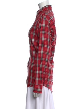 Burberry Plaid Print Mock Neck Button-Up Top