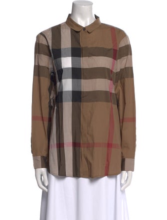 Burberry Plaid Print Long Sleeve Button-Up Top