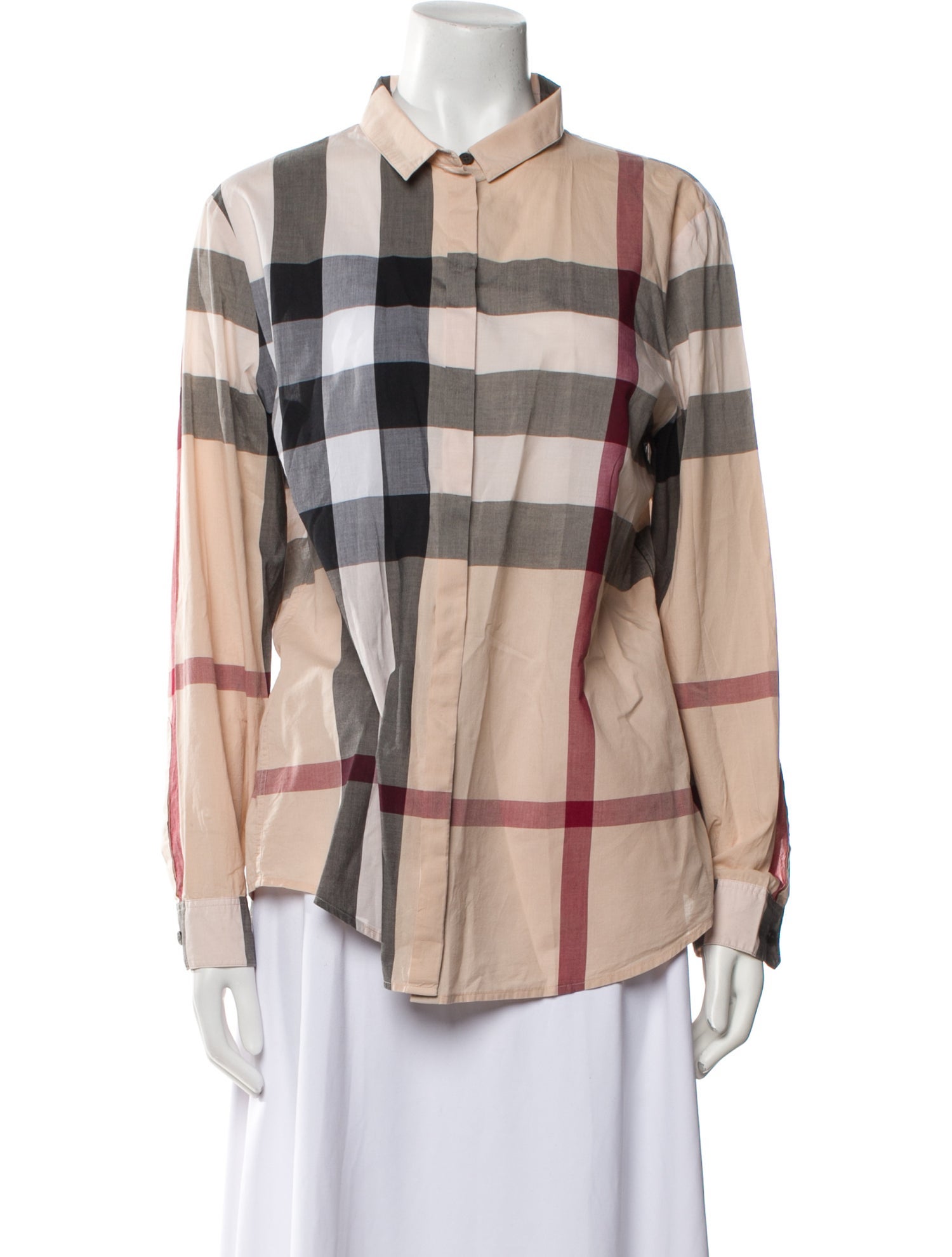 Burberry Plaid Print Long Sleeve Button-Up Top