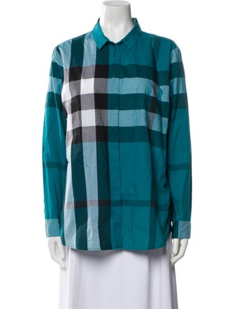 Burberry Plaid Print Long Sleeve Button-Up Top