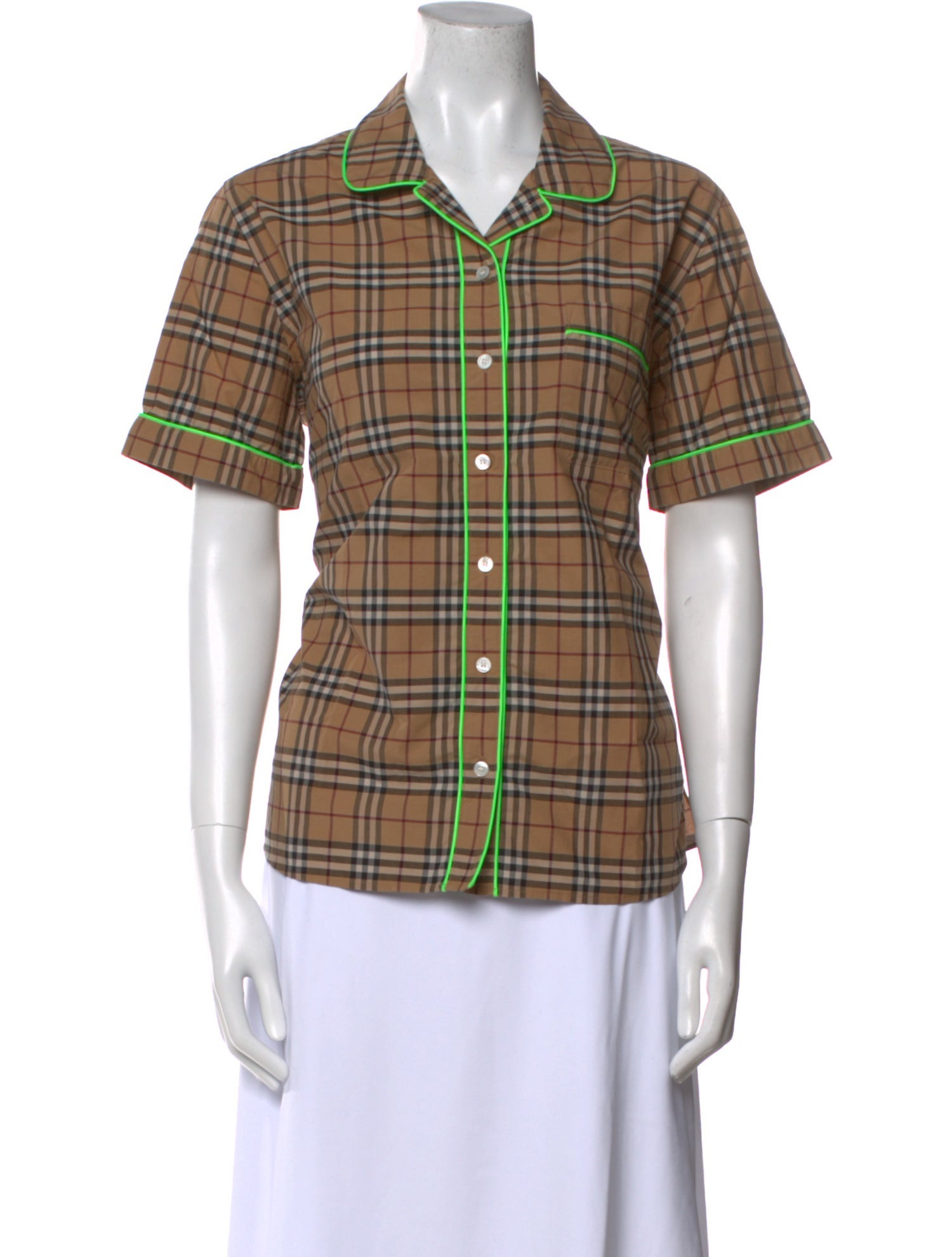 Burberry Plaid Print Short Sleeve Button-Up Top