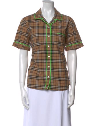 Burberry Plaid Print Short Sleeve Button-Up Top