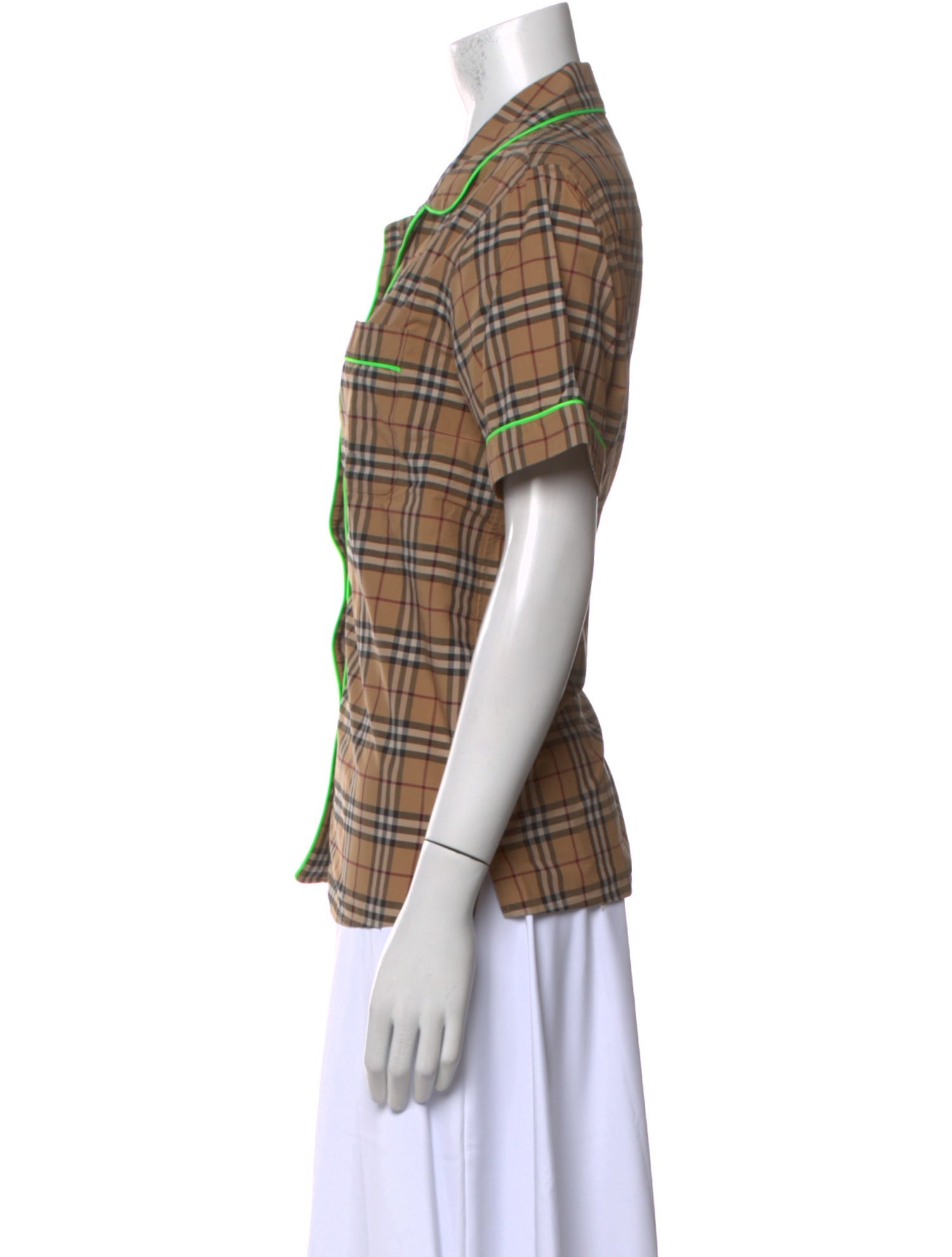 Burberry Plaid Print Short Sleeve Button-Up Top