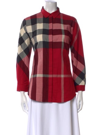 Burberry Plaid Print Three-Quarter Sleeve Button-Up Top