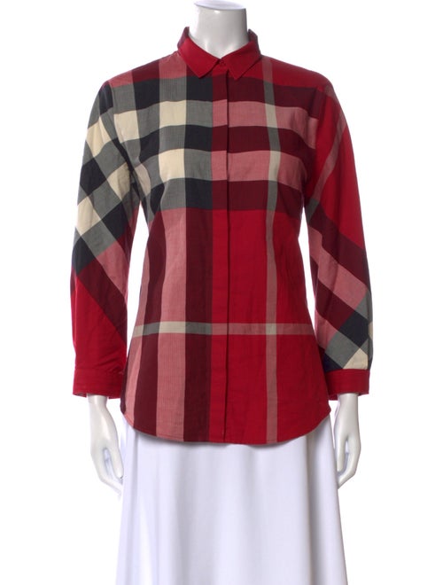 Burberry Plaid Print Three-Quarter Sleeve Button-Up Top
