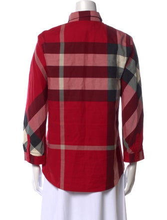 Burberry Plaid Print Three-Quarter Sleeve Button-Up Top