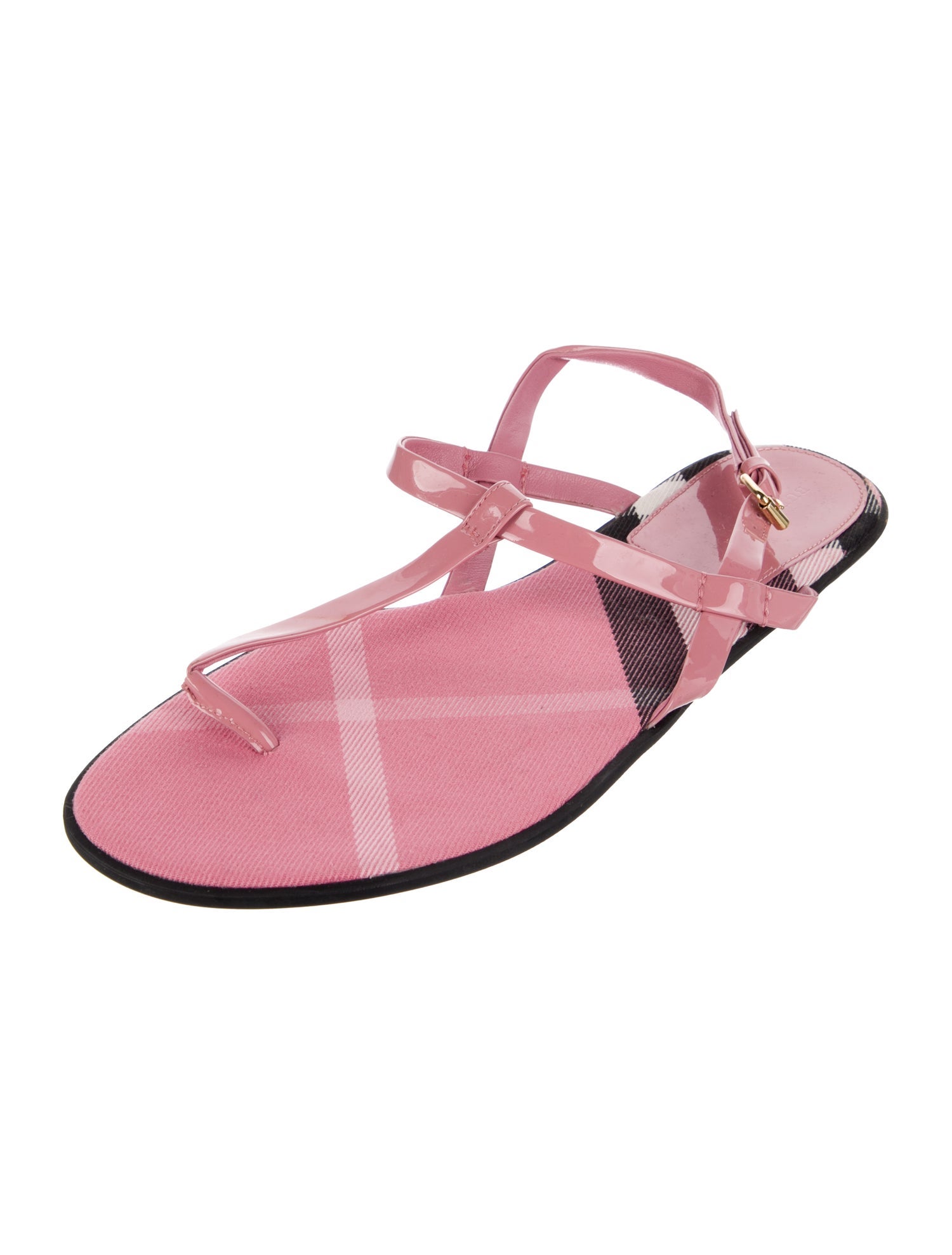 Burberry Patent Leather Plaid Print T-Strap Sandals