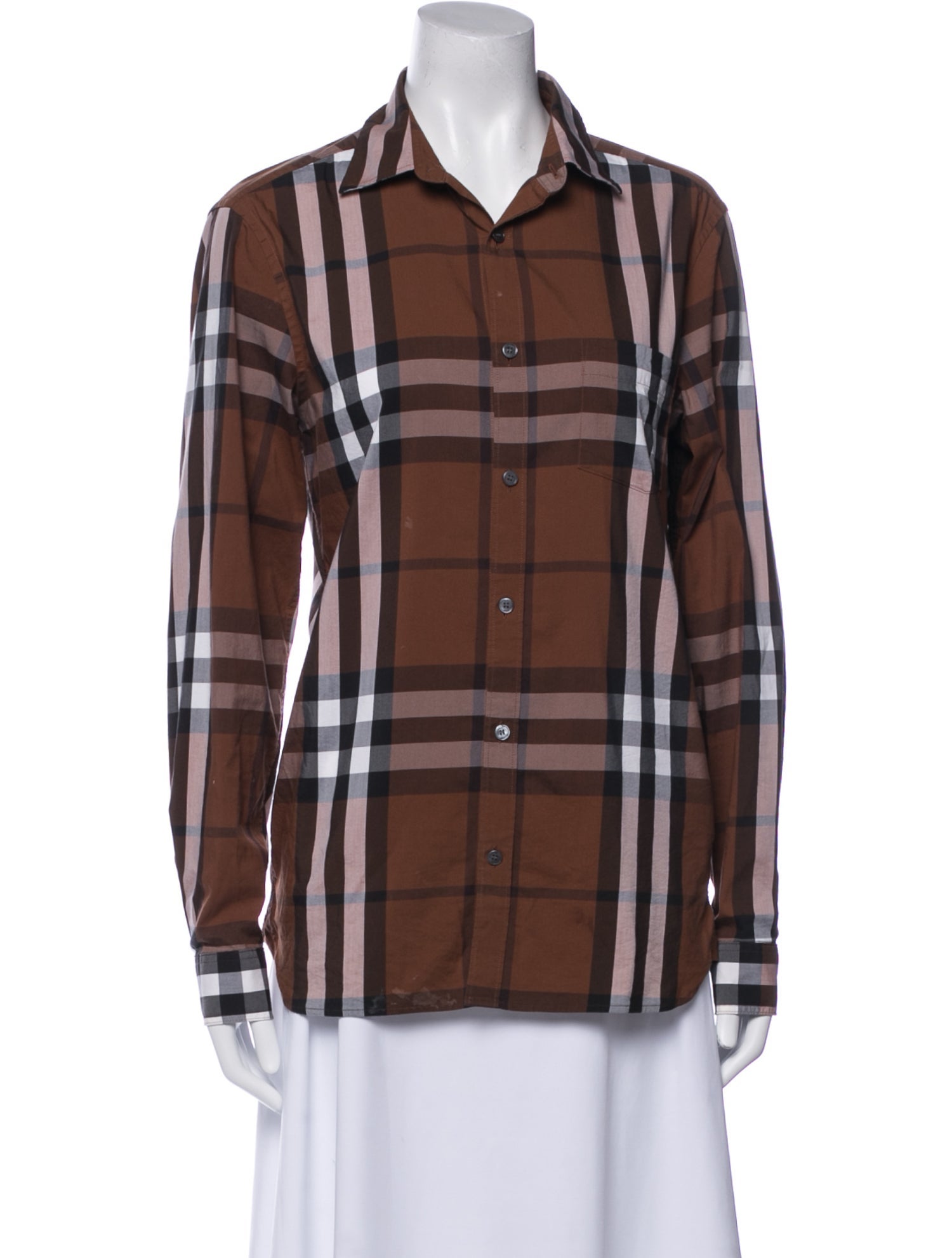 Burberry Plaid Print Long Sleeve Button-Up Top
